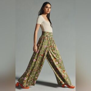 Anthropologie Wide-Leg Floral Pants In Olive Green Size 6 Tall NWT